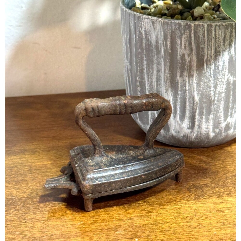 Antique Vintage Miniature Steel Cast Iron Flat Iron with Trivet Stand 2 1/2" H